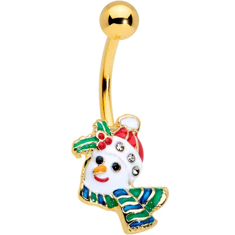 Belly Rings with Gemstone Detailing for Special Touch -Clear Gem Gold Tone Snowman Holiday Christmas Belly Ring Belly Rings with Gemstone Detailing for Special Touch -Clear Gem Gold Tone Snowman Holiday Christmas Belly Ring