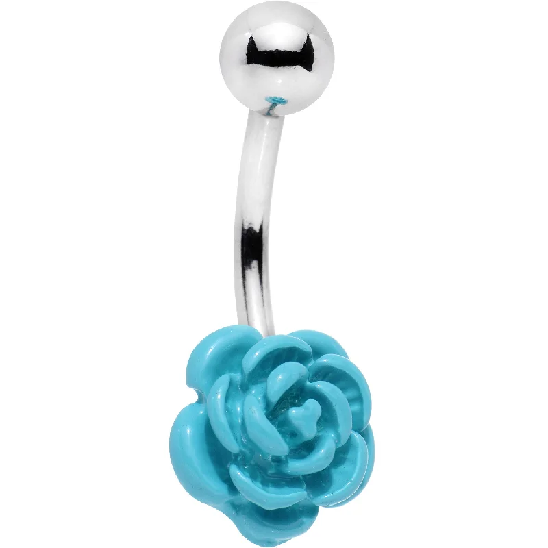 Trendy Belly Rings for Exclusive Fashion -Baby Blue Solitary Blooming Rose Flower Belly Ring Trendy Belly Rings for Exclusive Fashion -Baby Blue Solitary Blooming Rose Flower Belly Ring