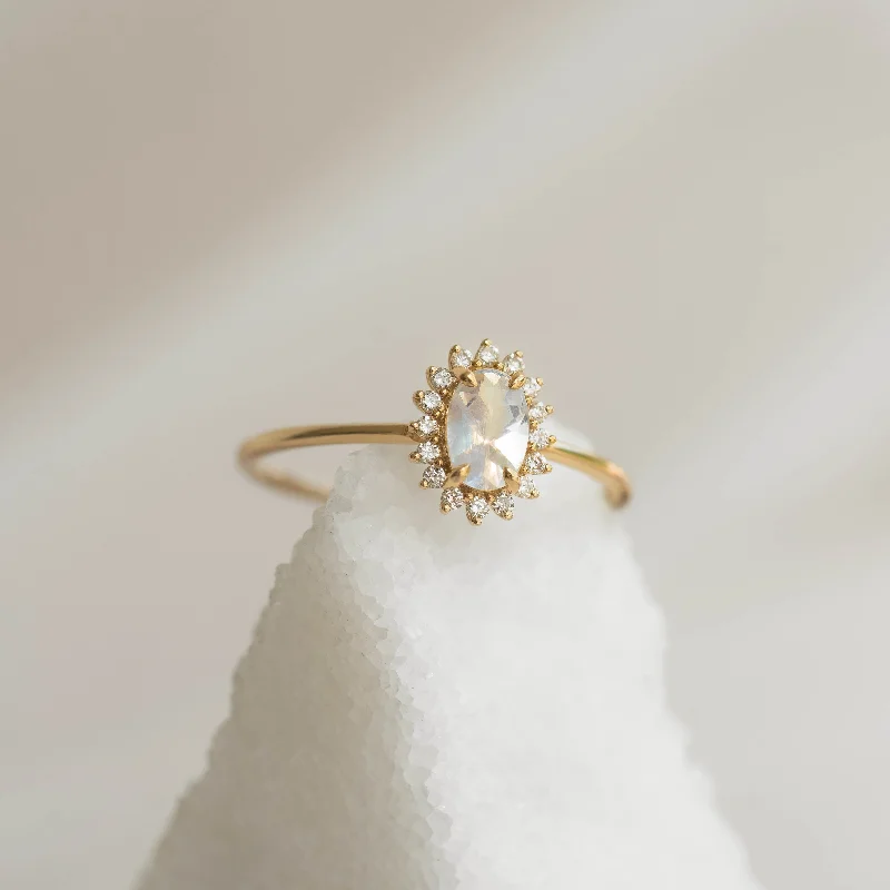 Chic Women's Rings for Fashion-Forward Looks-Sunburst Moonstone Halo Ring - Chiara