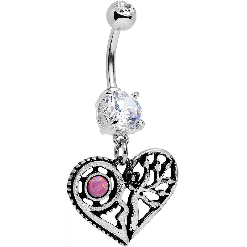 Comfortable Belly Rings for Bold Looks -Clear Gem Faux Pink Opal Steampunk Heart Tree Dangle Belly Ring Comfortable Belly Rings for Bold Looks -Clear Gem Faux Pink Opal Steampunk Heart Tree Dangle Belly Ring