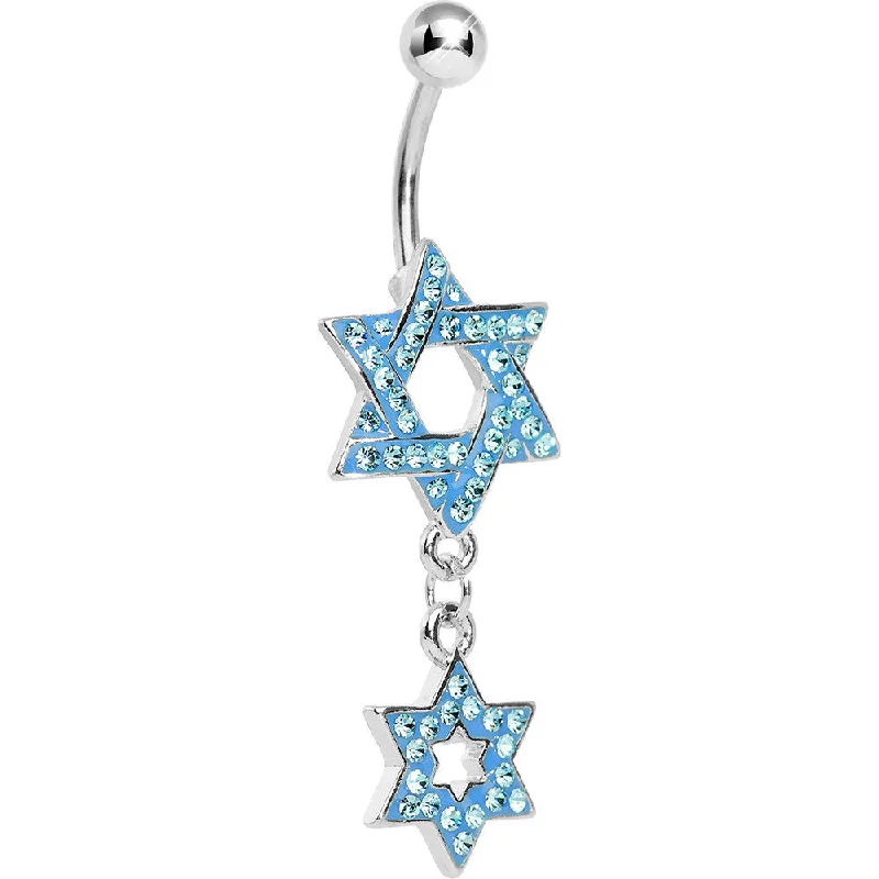 Unique Belly Rings with Sparkling Stones -Aqua Gem Paved Double Star of David Dangle Belly Ring Unique Belly Rings with Sparkling Stones -Aqua Gem Paved Double Star of David Dangle Belly Ring
