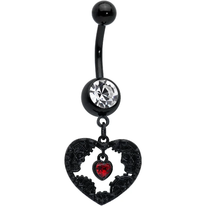 Sparkling Belly Rings with Radiant Stones -Clear Red Gem Black Skeleton Steampunk Heart Dangle Belly Ring Sparkling Belly Rings with Radiant Stones -Clear Red Gem Black Skeleton Steampunk Heart Dangle Belly Ring