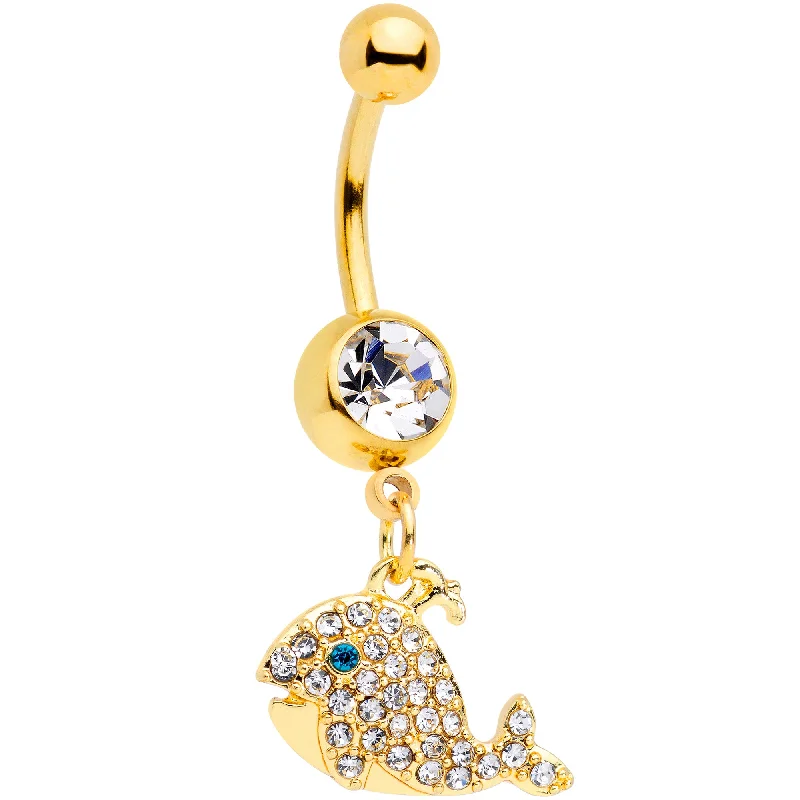 Designer Belly Rings with Sleek Finish -Clear Aqua Gem Gold Tone Whale Dangle Belly Ring Designer Belly Rings with Sleek Finish -Clear Aqua Gem Gold Tone Whale Dangle Belly Ring