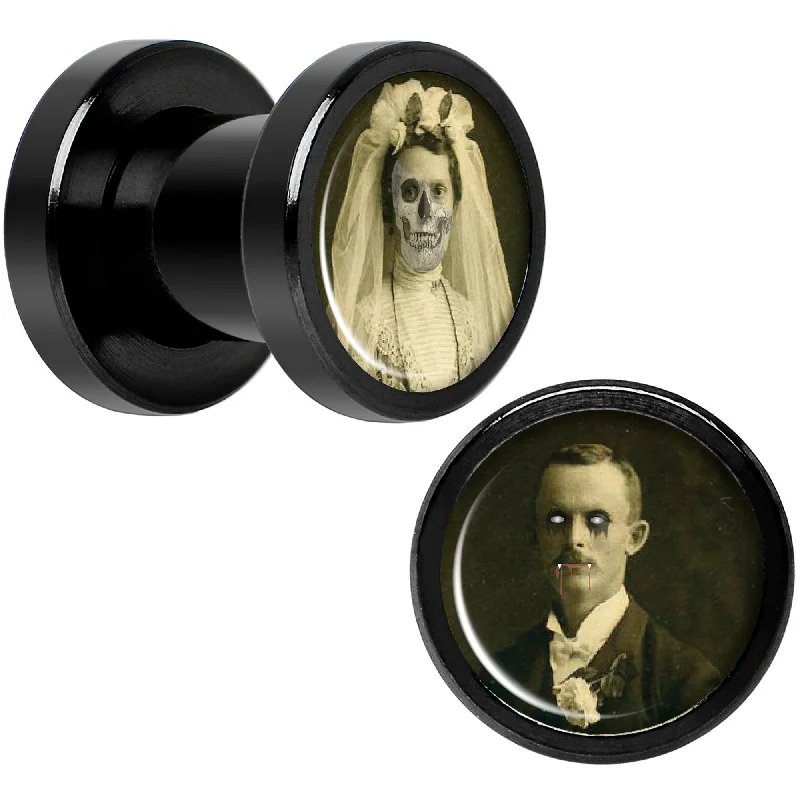 Women's Earrings – Elegant Designs for Every Personality--Undead Bride and Groom Halloween Black Anodized Plug Set 2 Gauge Women's Earrings – Elegant Designs for Every Personality--Undead Bride and Groom Halloween Black Anodized Plug Set 2 Gauge