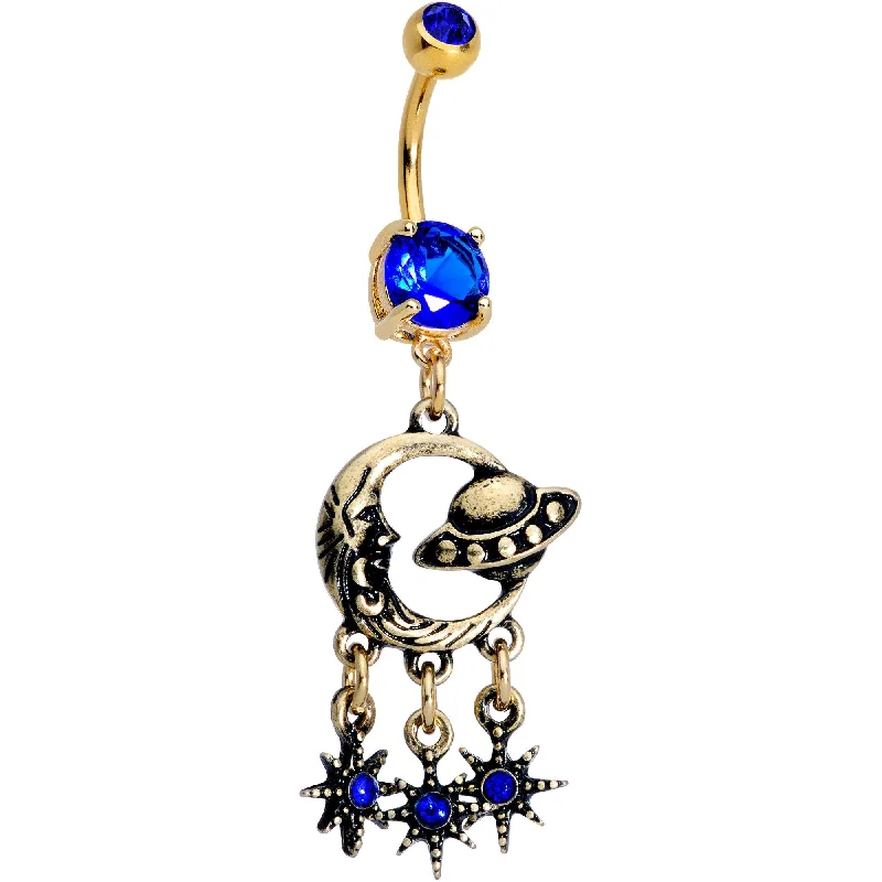 Belly Rings for Special Occasions -Blue CZ Gem Gold PVD UFO Dreamcatcher Dangle Belly Ring Belly Rings for Special Occasions -Blue CZ Gem Gold PVD UFO Dreamcatcher Dangle Belly Ring