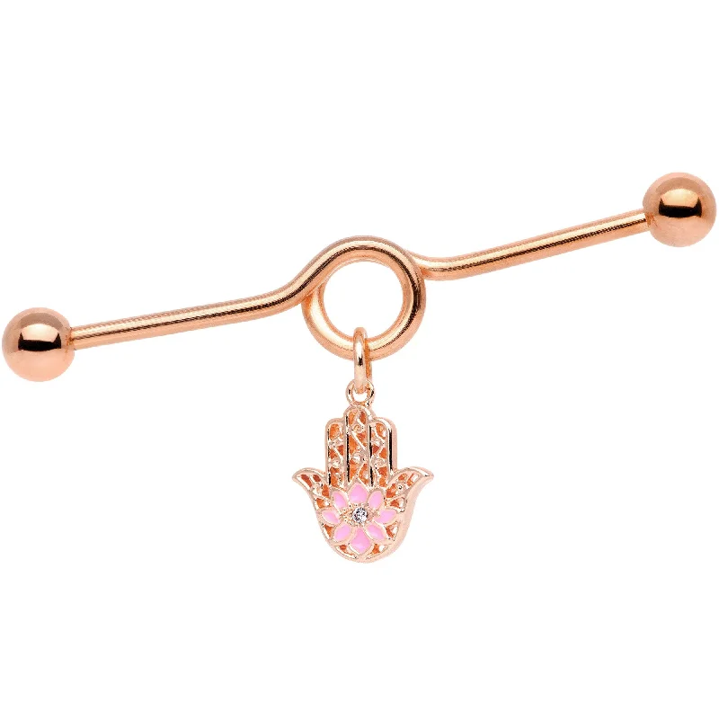 Women's Earrings – Elegant Designs for Every Personality--Pink Gem Rose Gold Tone Hamsa Hand Industrial Barbell 38mm