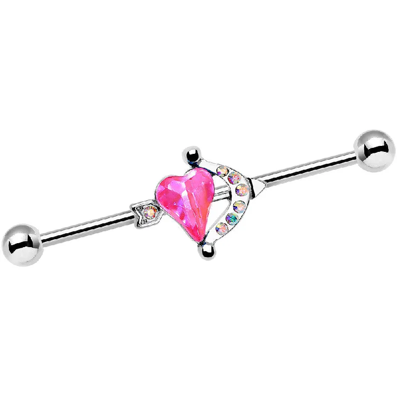 Women's Earrings – Elegant Designs for Every Personality--Pink Aurora Gem Heart and Arrow Calling Cupid Industrial Barbell 38mm