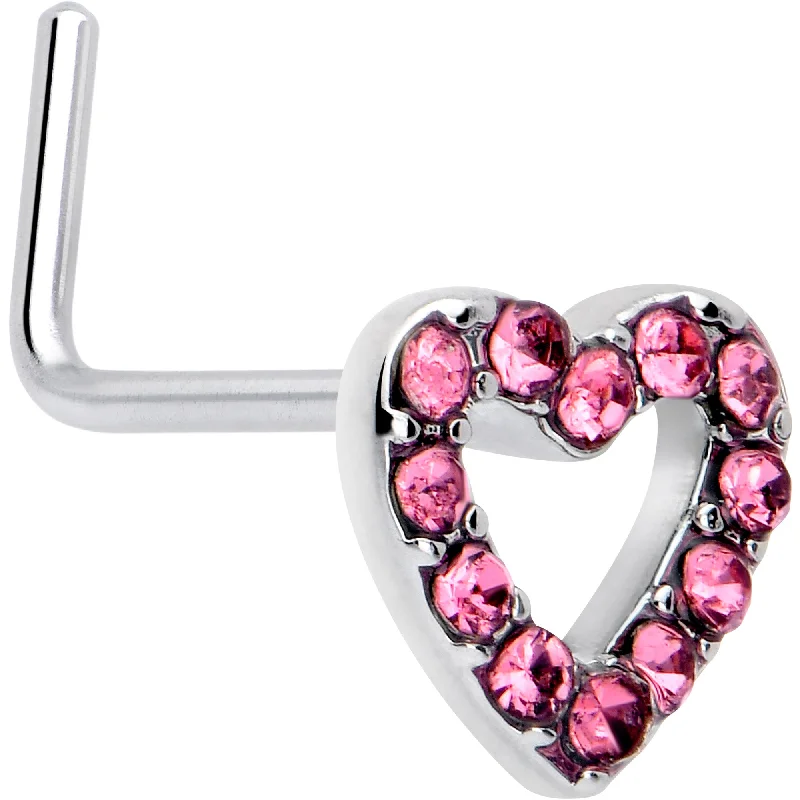 Nose Rings with Multi-Colored Stones -20 Gauge 7mm Pink Gem Hollow Paved Heart L Shape Nose Ring Nose Rings with Multi-Colored Stones -20 Gauge 7mm Pink Gem Hollow Paved Heart L Shape Nose Ring
