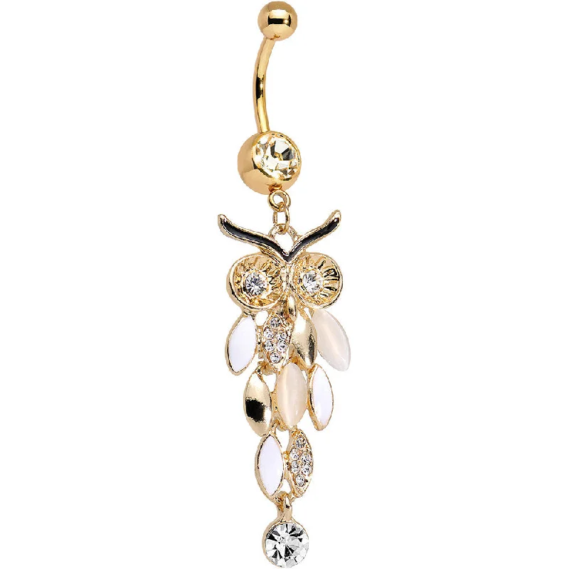 Designer Belly Rings for Glamorous Appeal -Clear Gem White Faux Opal Gold Anodized Feather Owl Dangle Belly Ring Designer Belly Rings for Glamorous Appeal -Clear Gem White Faux Opal Gold Anodized Feather Owl Dangle Belly Ring