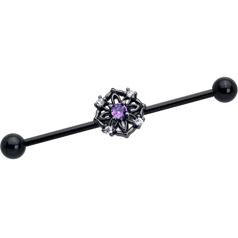 Women's Earrings – Elegant Designs for Every Personality--14 Gauge Purple CZ Gem Black Flower Ring Industrial Barbell 38mm