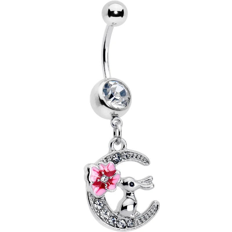 Fashionable Belly Rings for Trendy Looks -Clear Gem Rabbit On The Moon Pink Dangle Belly Ring Fashionable Belly Rings for Trendy Looks -Clear Gem Rabbit On The Moon Pink Dangle Belly Ring