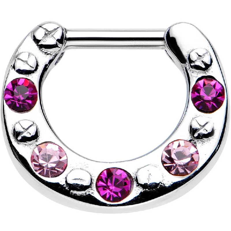 Fancy Nose Rings -14 Gauge 1/4 Pink and Dark Pink Gem Steel Septum Clicker