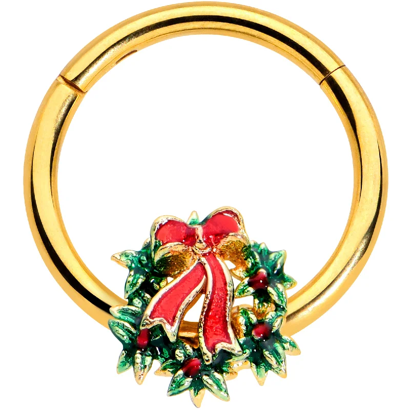 Women's Earrings – Elegant Designs for Every Personality--16 Gauge 3/8 Gold Hue Festive Christmas Wreath Bow Hinged Segment Ring Women's Earrings – Elegant Designs for Every Personality--16 Gauge 3/8 Gold Hue Festive Christmas Wreath Bow Hinged Segment Ring