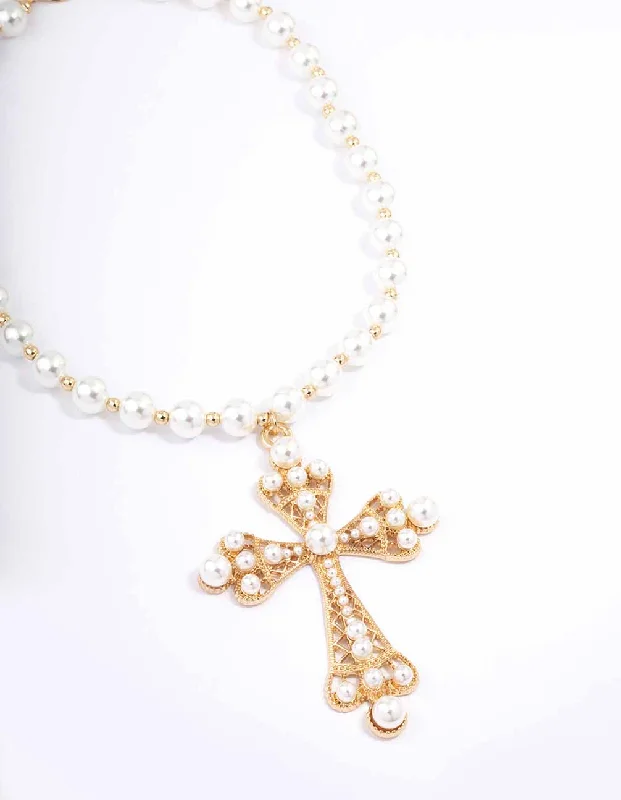 Shop Classic Women's Necklaces & Pendants with a Modern Twist-Gold Pearl Large Cross Pendant Necklace Shop Classic Women's Necklaces & Pendants with a Modern Twist-Gold Pearl Large Cross Pendant Necklace