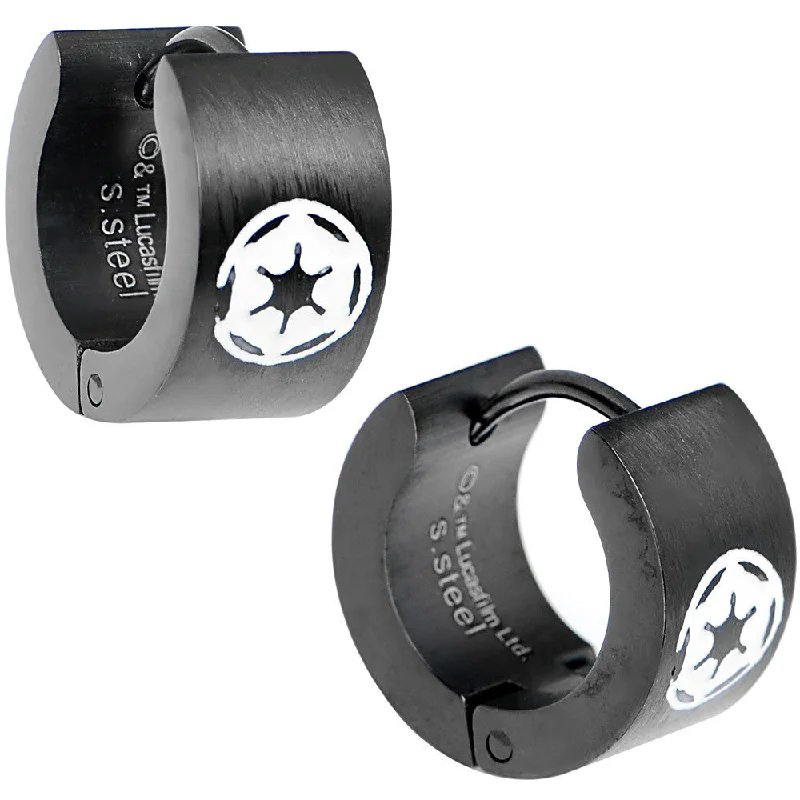 Women's Earrings – Elegant Designs for Every Personality--Licensed Black PVD Star Wars Imperial Crest Hoop Huggy Earrings