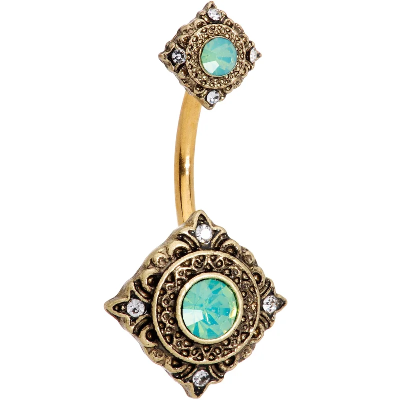 Designer Belly Rings with Unique Details -Green Faux Opal Clear Gem Gold Tone Rhombus Double Mount Belly Ring Designer Belly Rings with Unique Details -Green Faux Opal Clear Gem Gold Tone Rhombus Double Mount Belly Ring