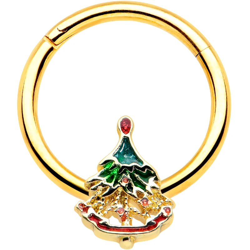 Women's Earrings – Elegant Designs for Every Personality--16 Gauge 3/8 Red Gem Gold Tone Deco Holiday Tree Hinged Segment Ring