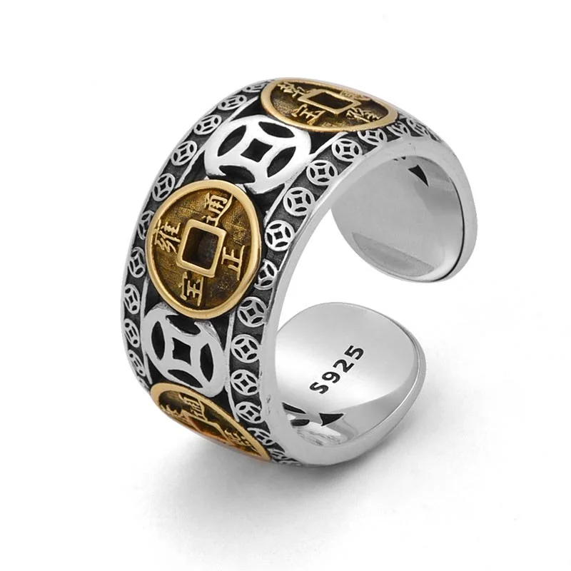 Chic Women's Rings for Fashion-Forward Looks-Buddha Stones Five-Emperor Coins Balance Adjustable Ring