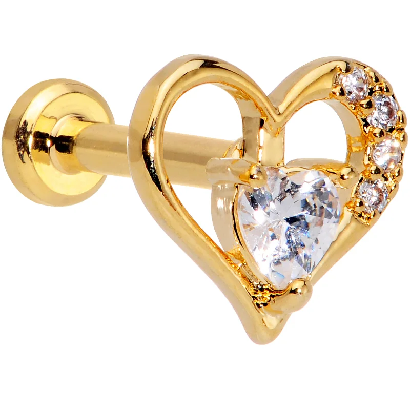 Elegant and Chic Lip Rings for Fashionistas16 Gauge 1/4 Clear CZ Gem Gold Tone Heart Internally Threaded Labret