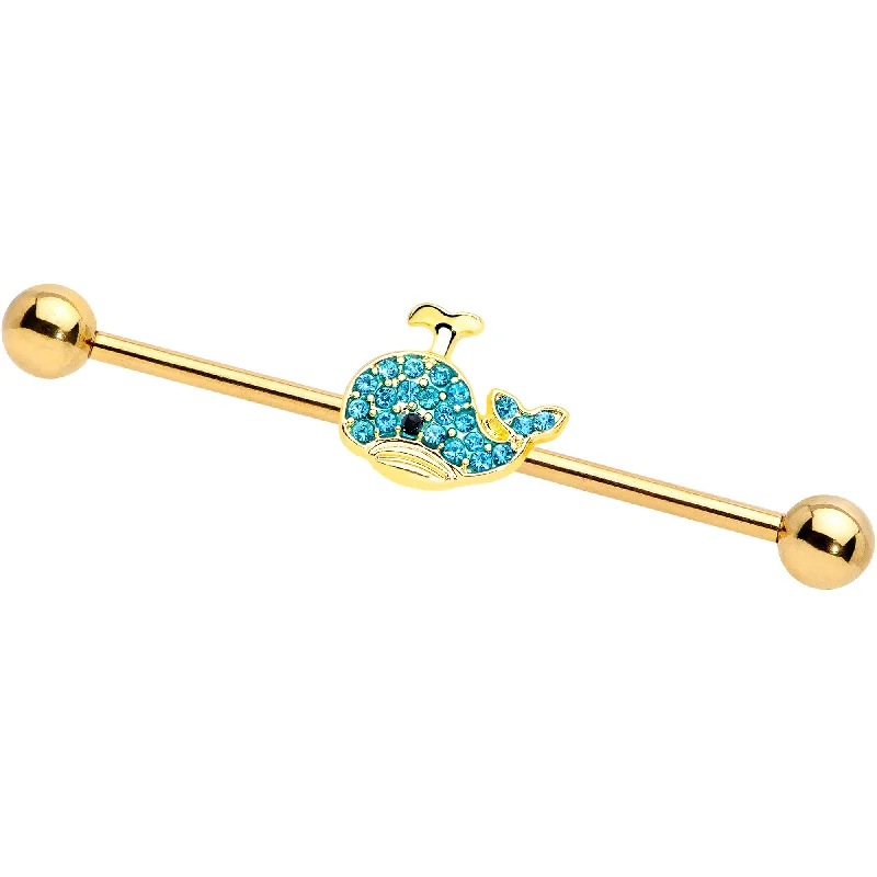 Women's Earrings – Elegant Designs for Every Personality--14 Gauge Aqua Gem Gold Tone What A Whale Industrial Barbell 38mm Women's Earrings – Elegant Designs for Every Personality--14 Gauge Aqua Gem Gold Tone What A Whale Industrial Barbell 38mm