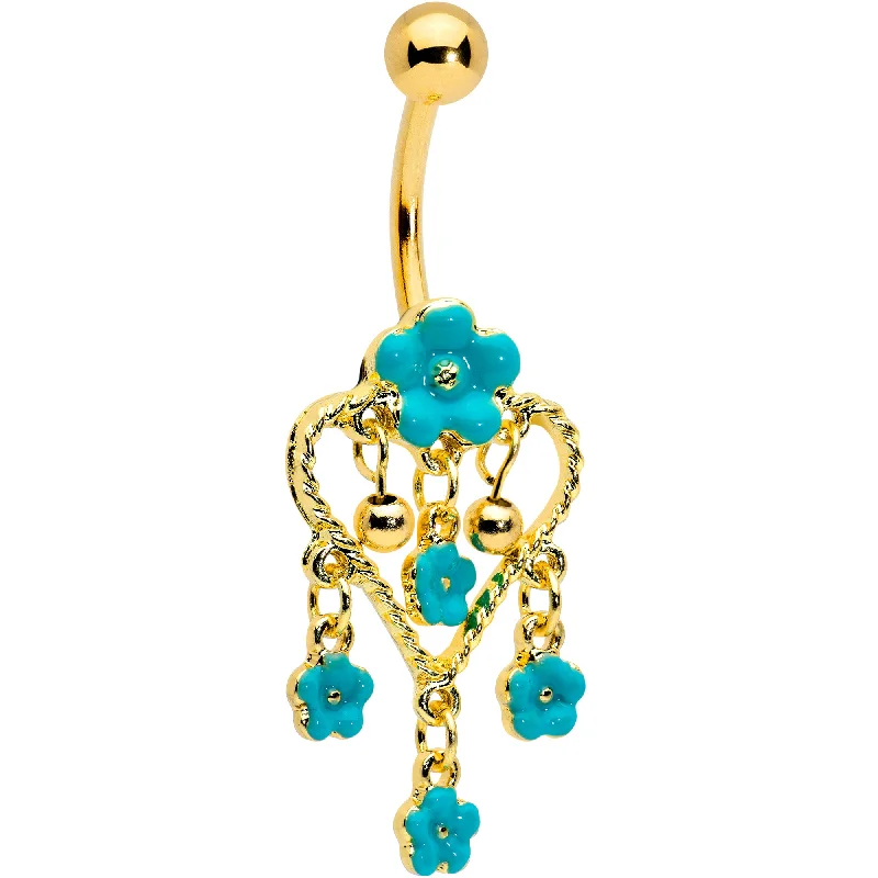 Sparkling Belly Rings with Gemstone Detailing -Gold Tone Blue Flowers Heart Dangle Belly Ring Sparkling Belly Rings with Gemstone Detailing -Gold Tone Blue Flowers Heart Dangle Belly Ring