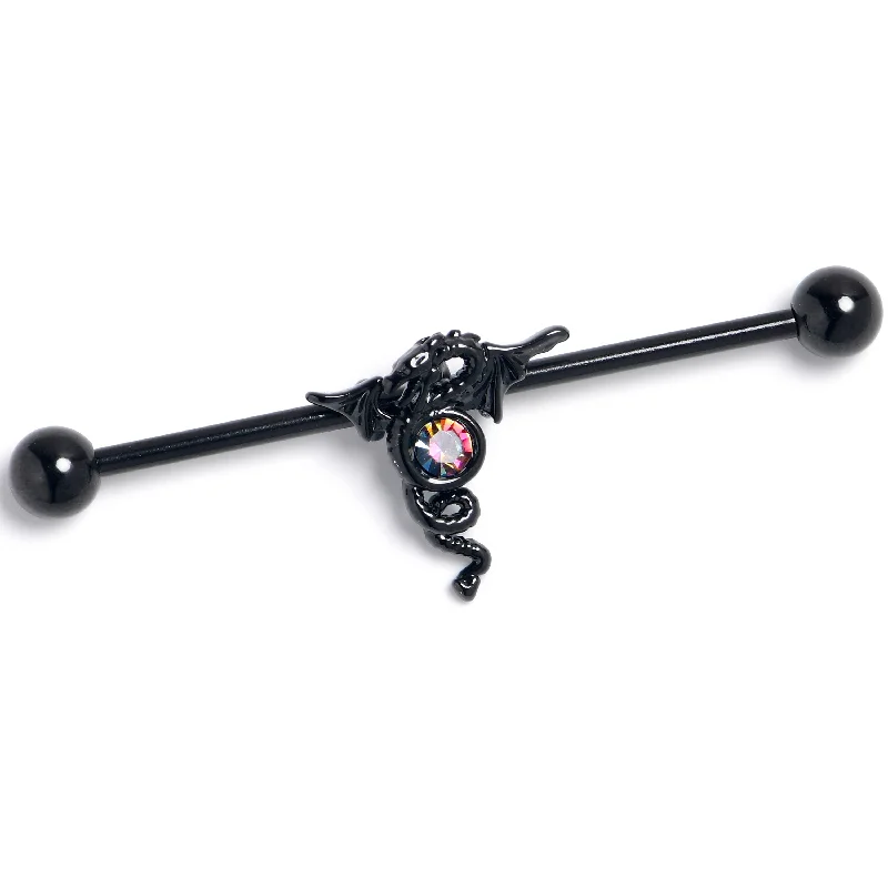 Women's Earrings – Elegant Designs for Every Personality--14 Gauge Orange Gem Black Majestic Dragon Industrial Barbell 38mm