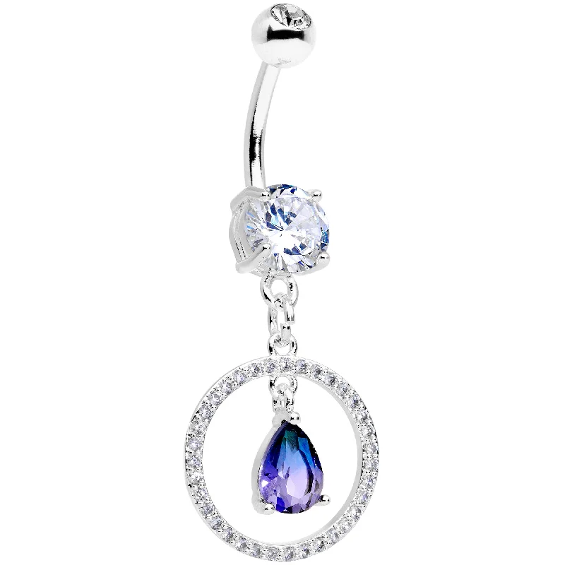 Stylish Belly Rings for Modern Women -Blue Green CZ Gem Drop Loop Dangle Belly Ring