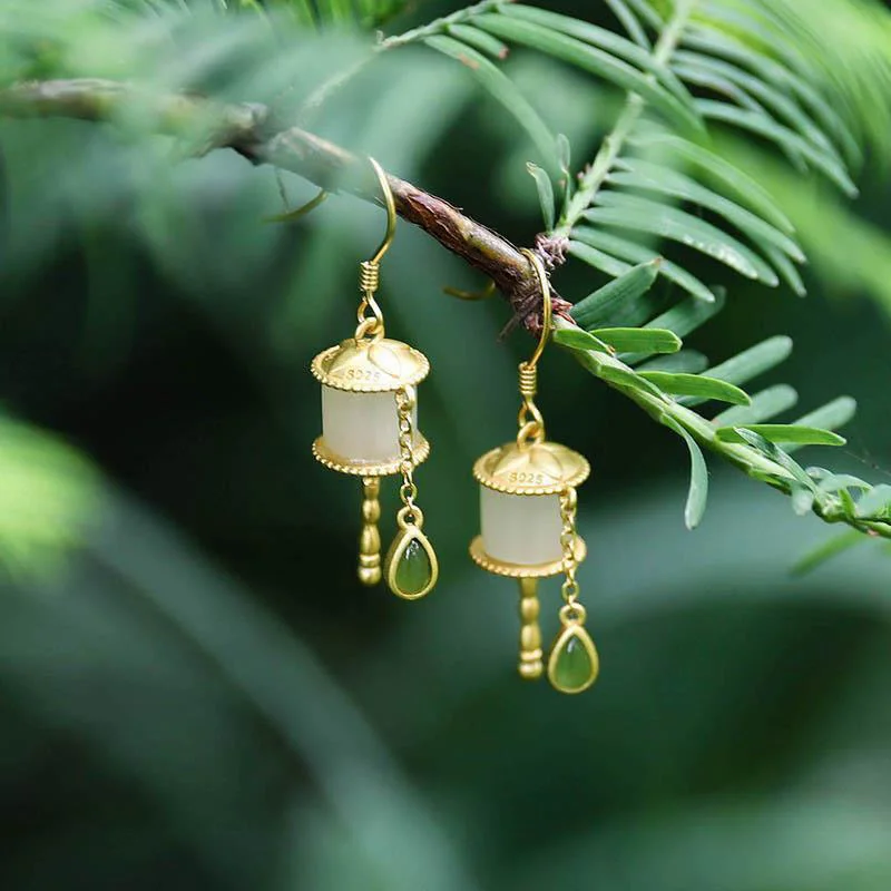 Women's Earrings – Elegant Designs for Every Personality--Buddha Stones 925 Sterling Silver Jade Prayer Wheel Luck Drop Earrings