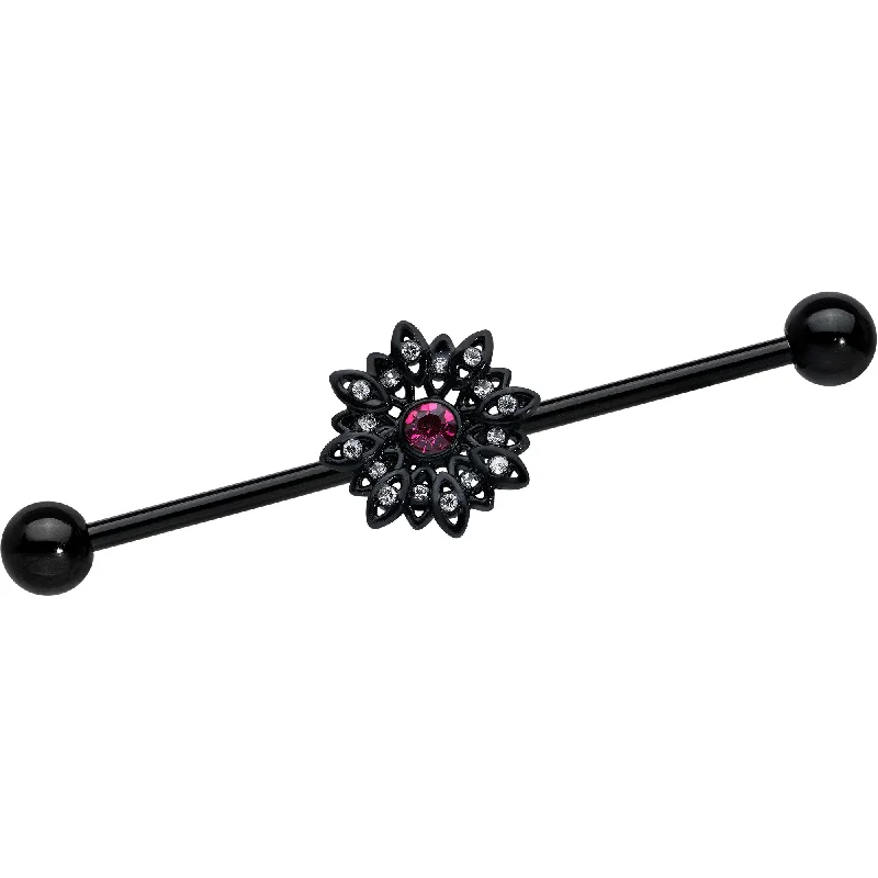 Women's Earrings – Elegant Designs for Every Personality--14 Gauge Clear Pink Gem Black Midnight Flower Industrial Barbell 38mm