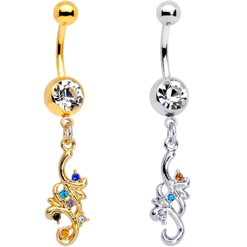 Designer Belly Rings with Polished Design -Clear Gem Gold PVD Filigree Flow Best Friend Dangle Belly Ring Set of 2 Designer Belly Rings with Polished Design -Clear Gem Gold PVD Filigree Flow Best Friend Dangle Belly Ring Set of 2