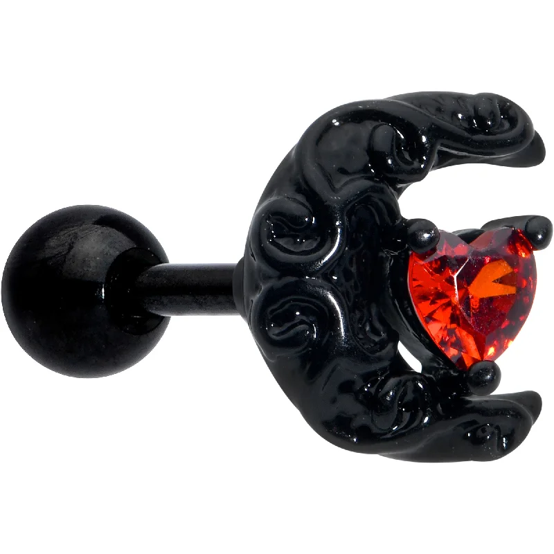 Women's Earrings – Elegant Designs for Every Personality--16 Gauge 1/4 Red CZ Gem Black Scroll Moon Heart Cartilage Tragus Earring