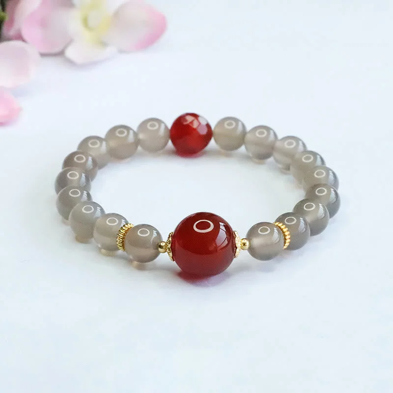 Silver Beaded Bangles for Women-Buddha Stones Natural Gray Chalcedony Red Agate Harmony Bracelet Silver Beaded Bangles for Women-Buddha Stones Natural Gray Chalcedony Red Agate Harmony Bracelet