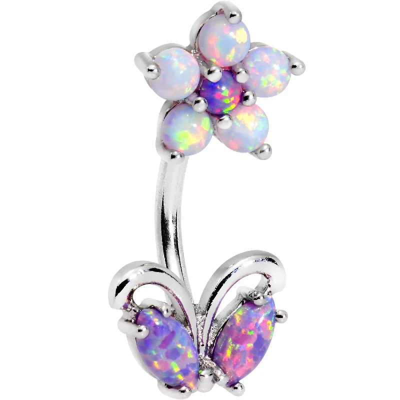 Stylish Belly Rings with Subtle Beauty -Purple White Faux Opal Flourishing Flower Double Mount Belly Ring Stylish Belly Rings with Subtle Beauty -Purple White Faux Opal Flourishing Flower Double Mount Belly Ring