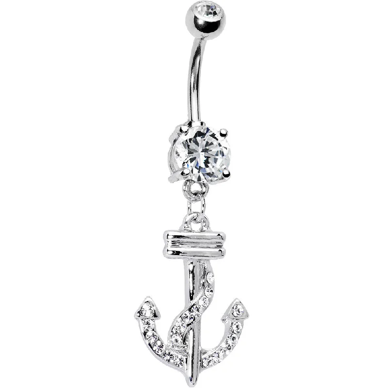 Comfortable Belly Rings for Sensitive Piercings -Clear Cubic Zirconia Anchor Belly Ring Comfortable Belly Rings for Sensitive Piercings -Clear Cubic Zirconia Anchor Belly Ring