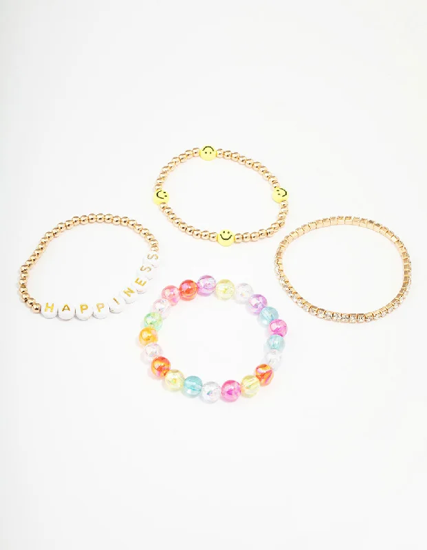 Gold Cuff Bangles for Women-Kids Smiley Rainbow Stretchy Friendship Bracelet Pack