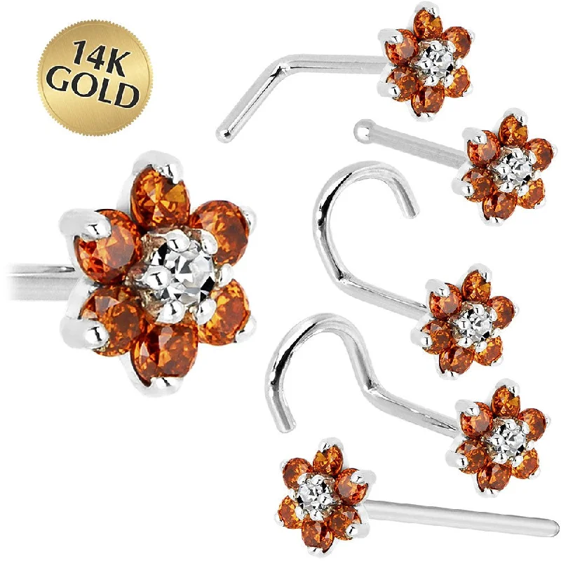 Nose Rings with Beautiful Shine -Solid 14KT White Gold Orange and Clear Cubic Zirconia Flower Nose Ring Nose Rings with Beautiful Shine -Solid 14KT White Gold Orange and Clear Cubic Zirconia Flower Nose Ring