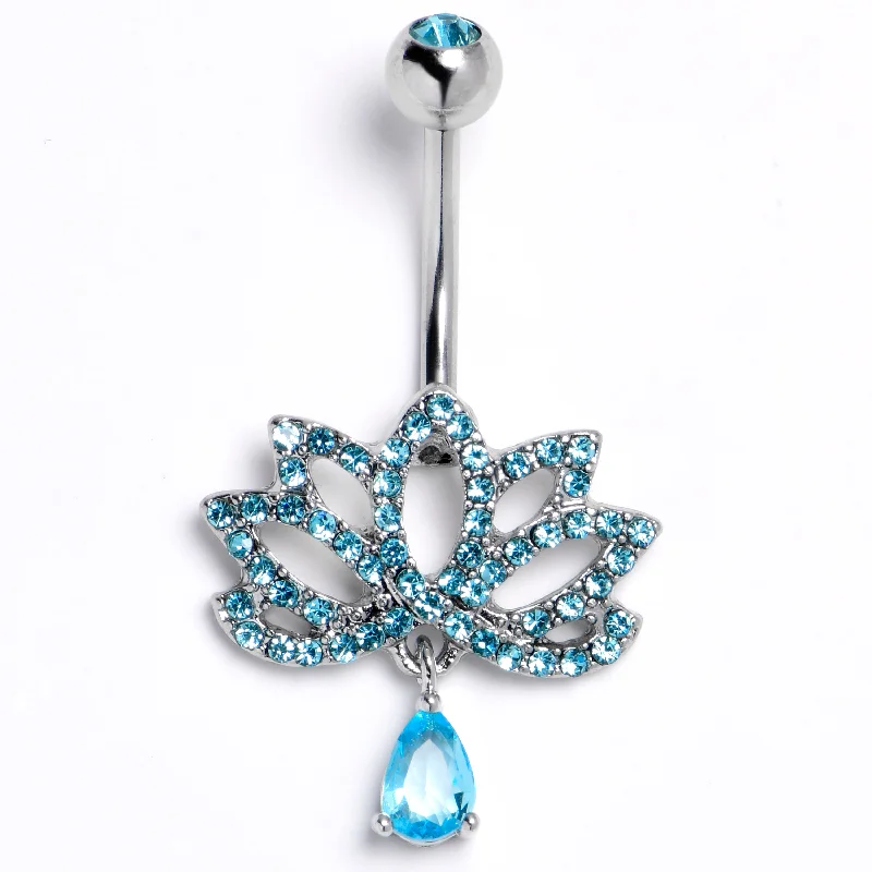Beautiful Belly Rings for Every Occasion -Blue CZ Gem Internally Threaded Lotus Fashion Flower Dangle Belly Ring Beautiful Belly Rings for Every Occasion -Blue CZ Gem Internally Threaded Lotus Fashion Flower Dangle Belly Ring
