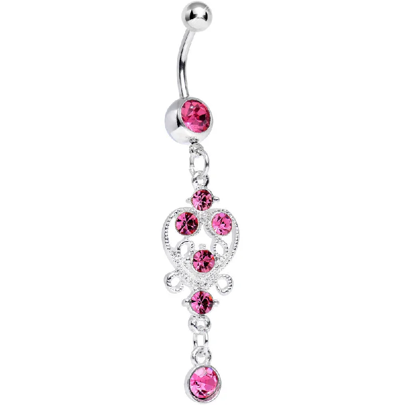 Belly Rings for Fashion Enthusiasts -Pink Gem Lavish Scrollwork Heart Dangle Belly Ring Belly Rings for Fashion Enthusiasts -Pink Gem Lavish Scrollwork Heart Dangle Belly Ring