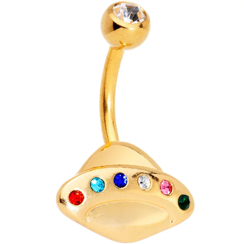 Belly Rings with Unique Gemstones for Stunning Effect -Multicolor Gem Gold Tone Alien Spacecraft Belly Ring
