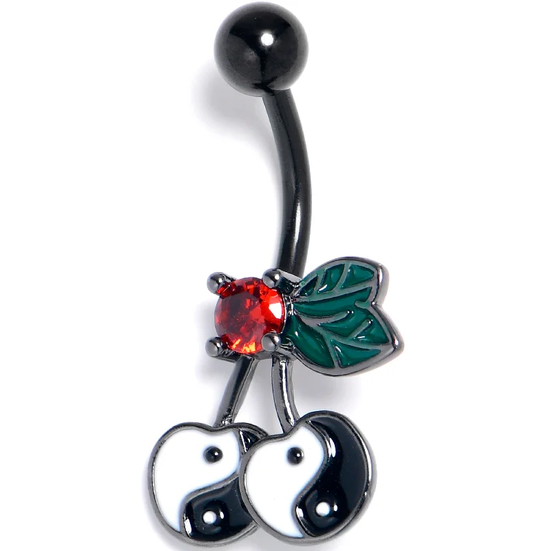 Belly Rings for Edgy and Bold Looks -Red CZ Gem Black Yin Yang Cherry Belly Ring