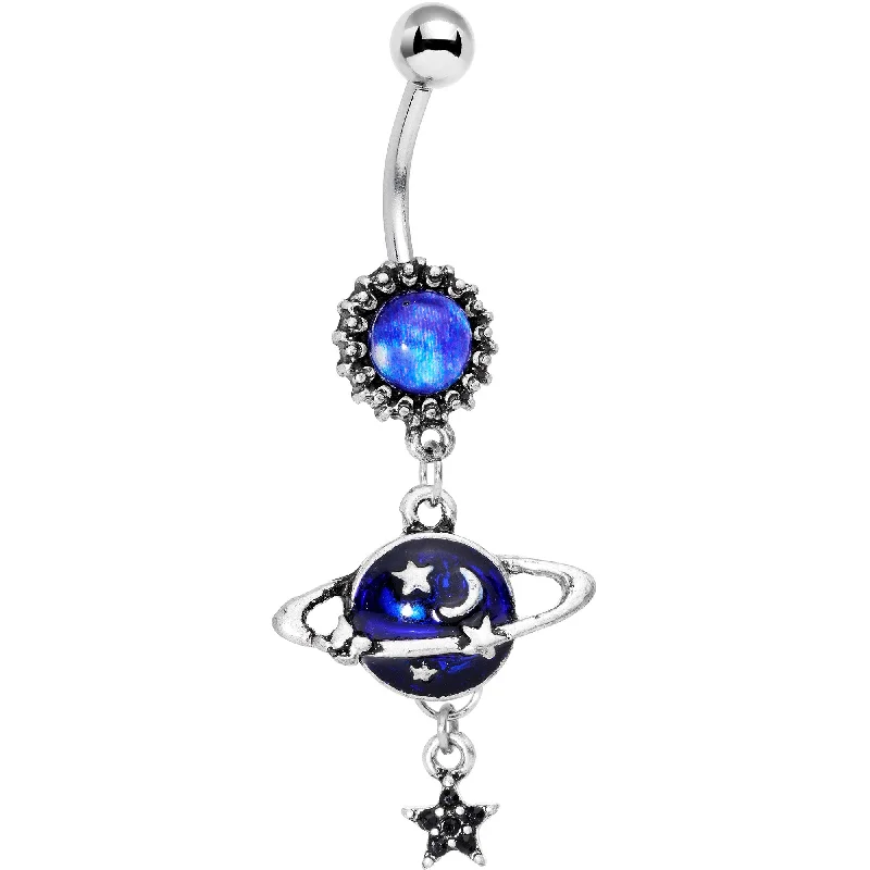 Belly Rings for Special Occasions -Black Gem Blue Planet Saturn Orbiting Stars Dangle Belly Ring Belly Rings for Special Occasions -Black Gem Blue Planet Saturn Orbiting Stars Dangle Belly Ring