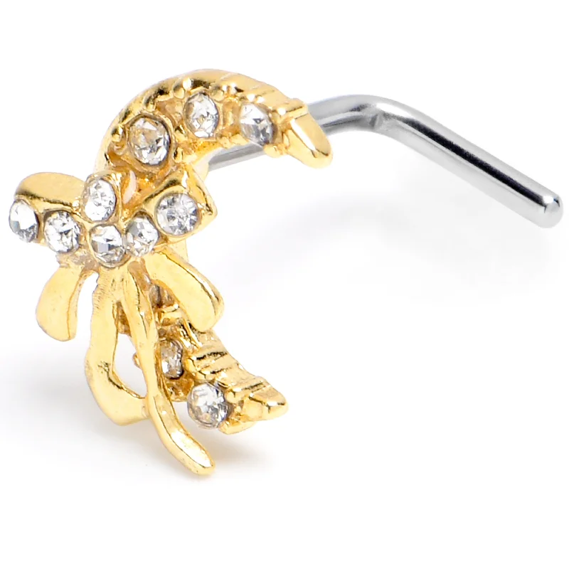 Nose Rings for Bold Fashion Statement -20 Gauge 1/4 Clear CZ Gem Bow Golden Moon L Shape Nose Ring Nose Rings for Bold Fashion Statement -20 Gauge 1/4 Clear CZ Gem Bow Golden Moon L Shape Nose Ring