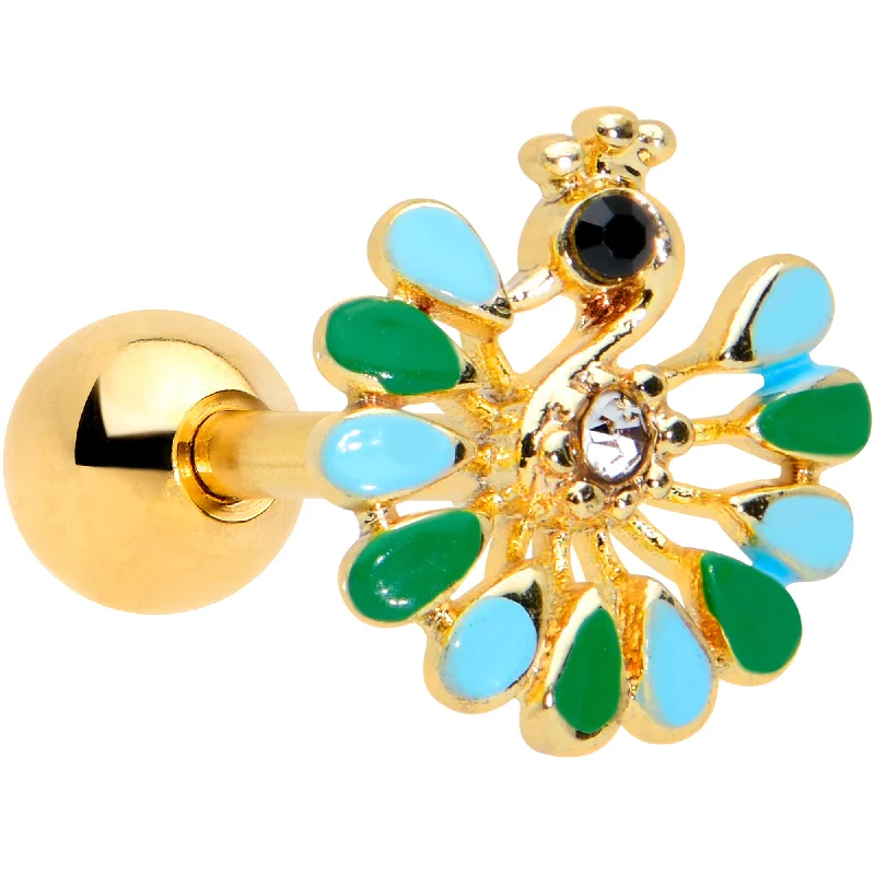 Women's Earrings – Elegant Designs for Every Personality--16 Gauge 1/4 Clear Black Gem Gold Tone Pretty Peacock Cartilage Tragus