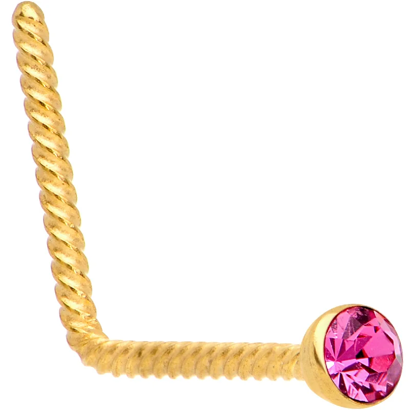 Fashionable Nose Rings with Luxurious Appeal -Pink 2mm Gem Inlay Gold IP So Twisted L Shaped Nose Ring Fashionable Nose Rings with Luxurious Appeal -Pink 2mm Gem Inlay Gold IP So Twisted L Shaped Nose Ring