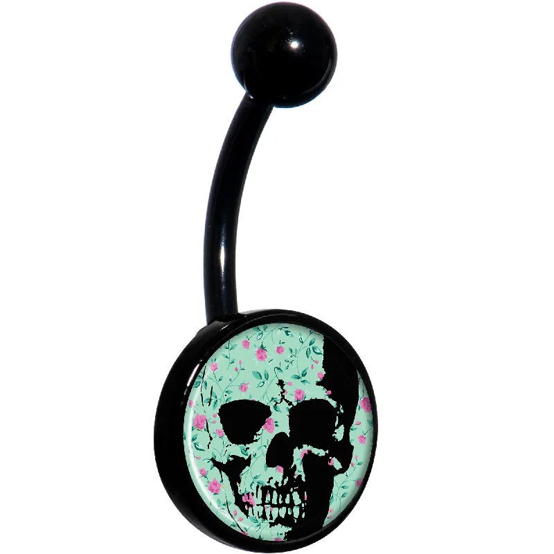 Comfortable Belly Rings for Exclusive Looks -Green Pink Floral Skull Black Belly Ring Comfortable Belly Rings for Exclusive Looks -Green Pink Floral Skull Black Belly Ring