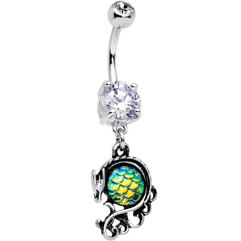 Stylish Belly Rings for Fashion-Forward Women -Clear CZ Gem Green Mermaid Scale Dragon Dangle Belly Ring Stylish Belly Rings for Fashion-Forward Women -Clear CZ Gem Green Mermaid Scale Dragon Dangle Belly Ring