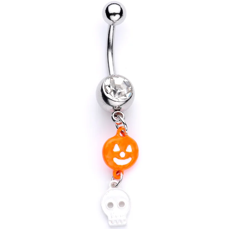 Designer Belly Rings for Bold Looks -Clear Gem Orange Pumpkin Skull Halloween Dangle Belly Ring Designer Belly Rings for Bold Looks -Clear Gem Orange Pumpkin Skull Halloween Dangle Belly Ring