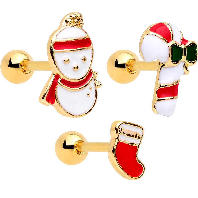 Women's Earrings – Elegant Designs for Every Personality--16 Gauge 1/4 Gold Tone Snowman Christmas Cartilage Tragus Set of 3 Women's Earrings – Elegant Designs for Every Personality--16 Gauge 1/4 Gold Tone Snowman Christmas Cartilage Tragus Set of 3
