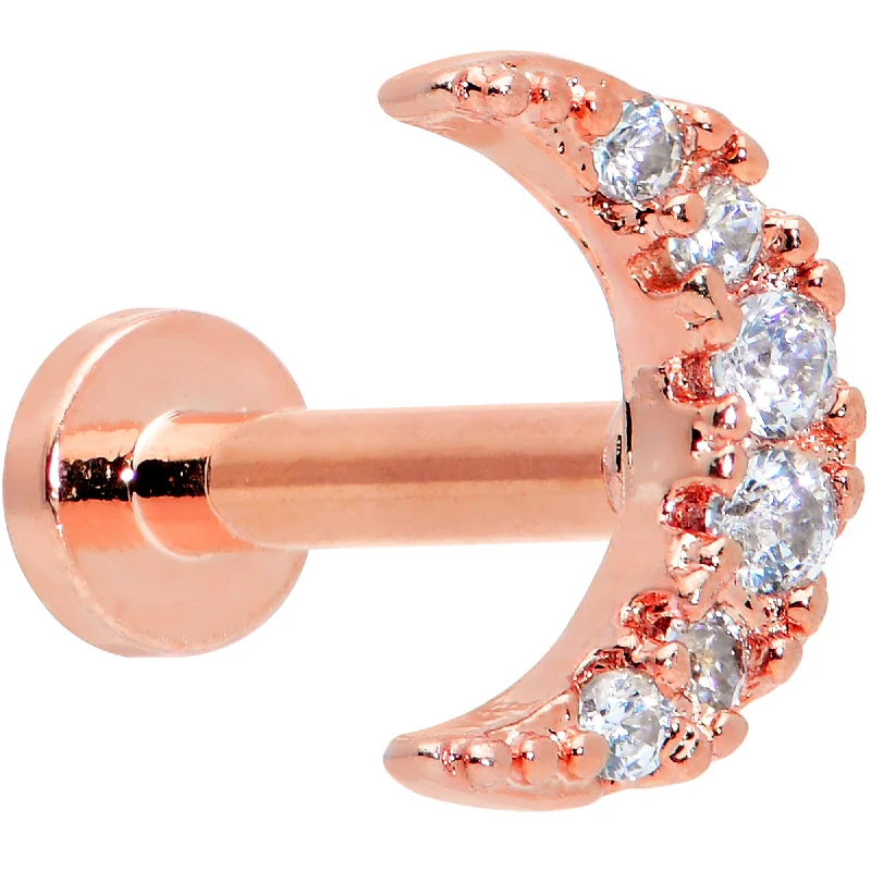 Designer Lip Rings for Exclusive Fashion16 Gauge 1/4 Clear CZ Gem Rose Gold Tone Moon Internal Thread Labret