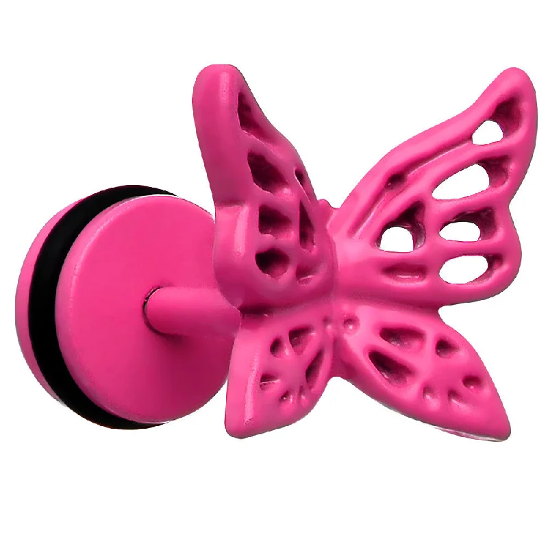 Women's Earrings – Elegant Designs for Every Personality--Pink Neon Enamel Floating Butterfly Cheater Plug